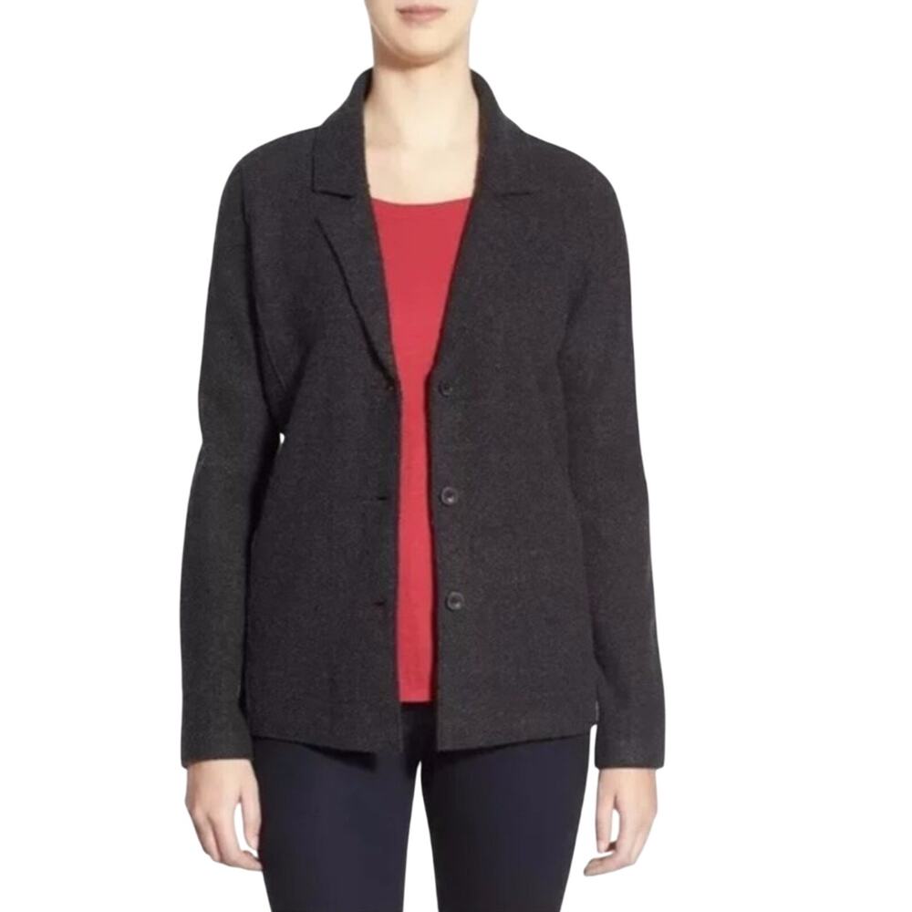 Eileen Fisher Dark Gray Notch Collar 3 Button Wool Jacket Size M Dark Grey